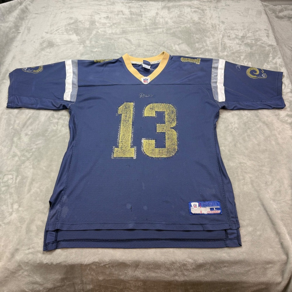 Vintage Thrashed Kurt Warner #13 St. Louis Rams Reebok NFL Jersey Mens Size L
